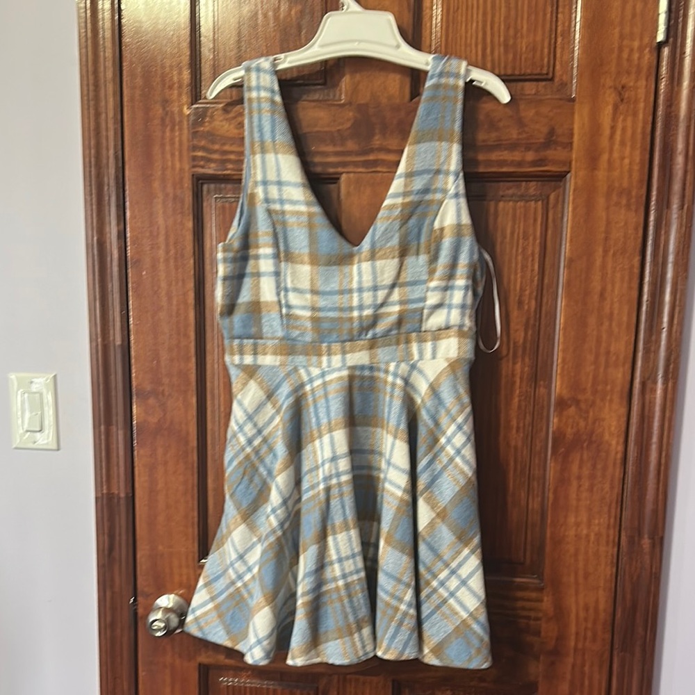 Blue and Tan Plaid Sleeveless Dress